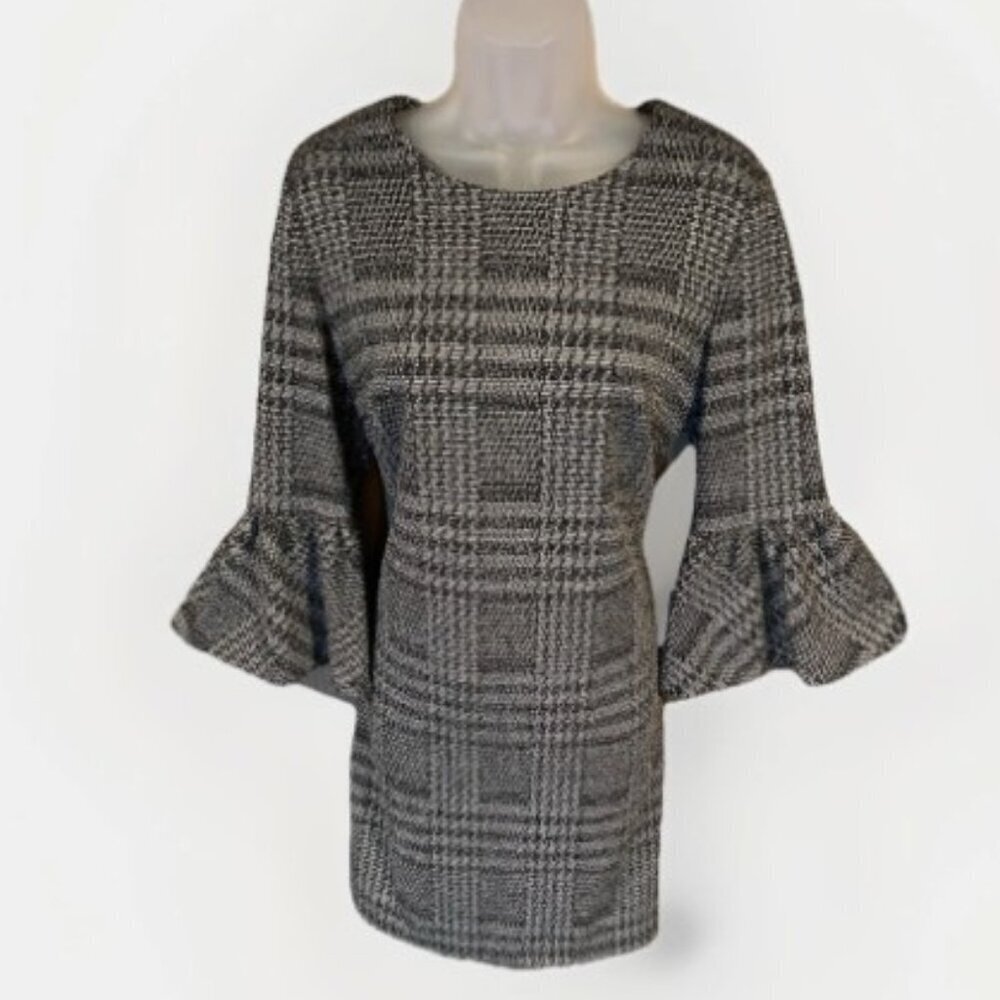 CALVIN KLEIN Sheath Dress 3/4 Bell Sleeve Houndstooth Knee Length Women Size 12 - Picture 2 of 10